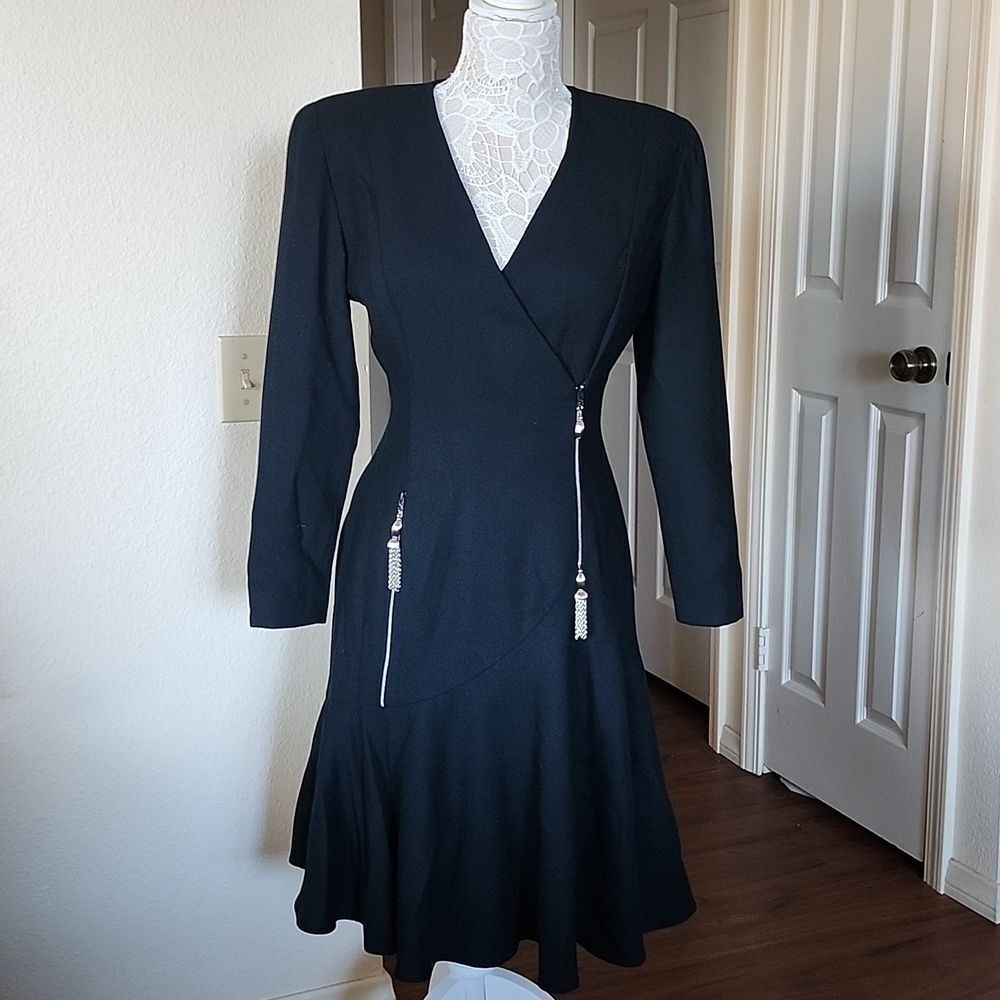 Vintage 80's Y2K Wool Dress With Silver Tassels Witchy Goth Chic Size Medium